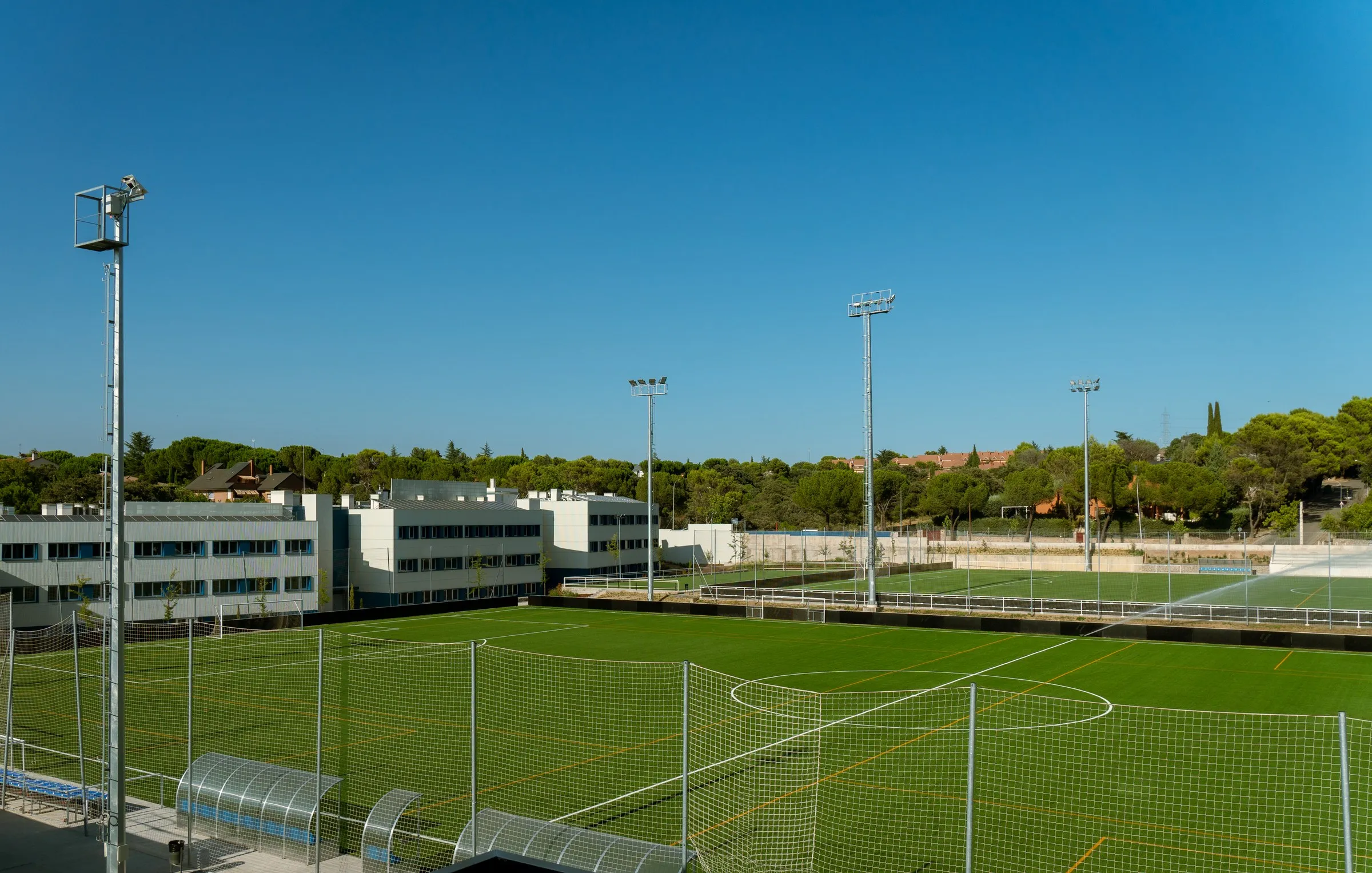 The football pitches and campus buildings at ESC American School in Madrid